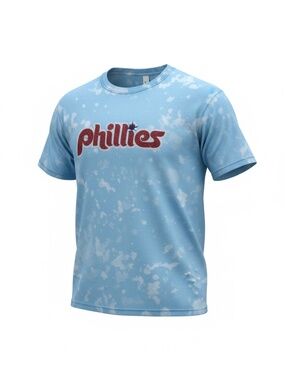 Phillies Bleached Reverse Tie-Dye Cloud Effect Powder Blue T-Shirt Logo 3XL